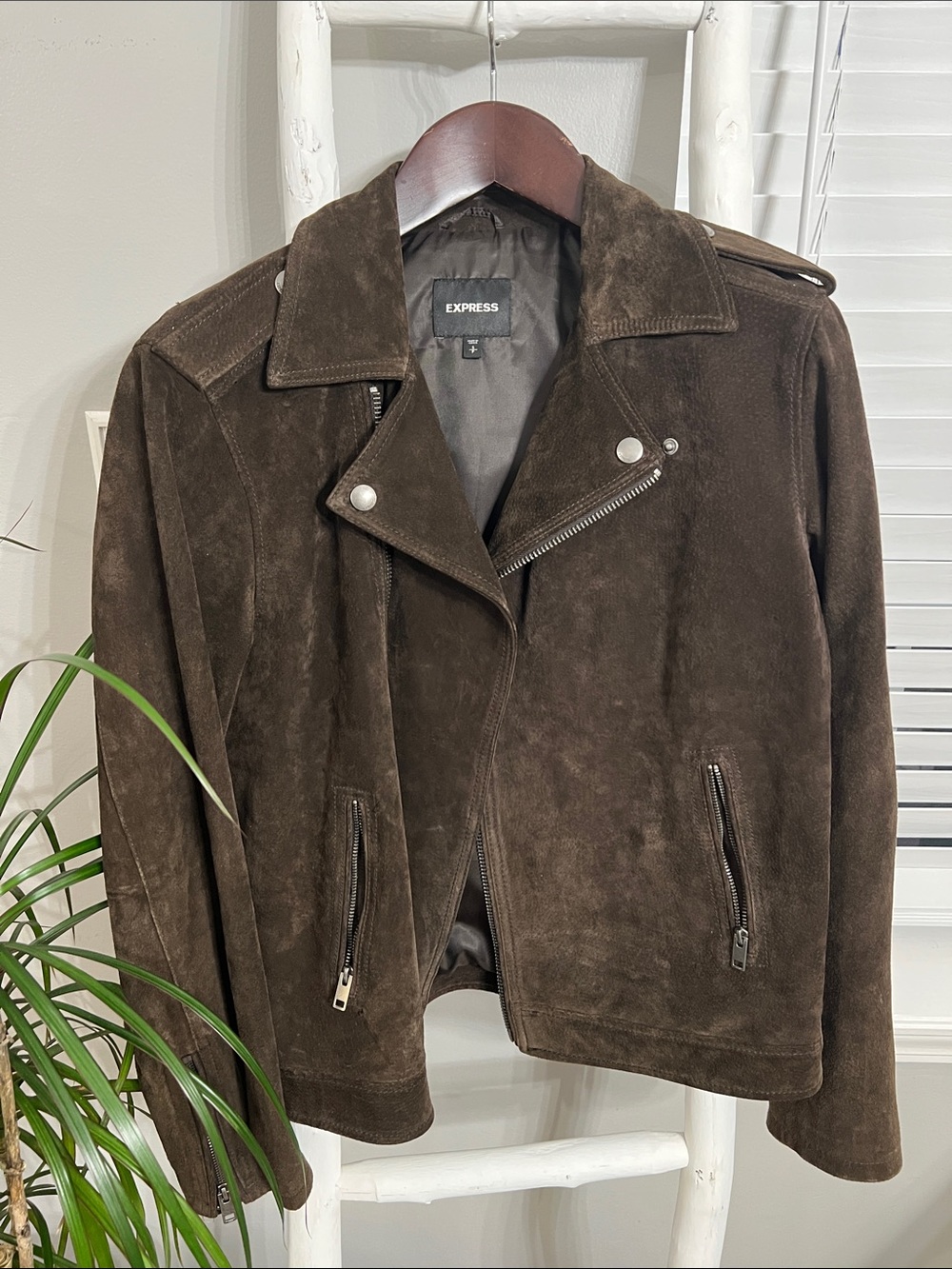 Express Men's Dark Brown Suede Bomber Moto Jacket